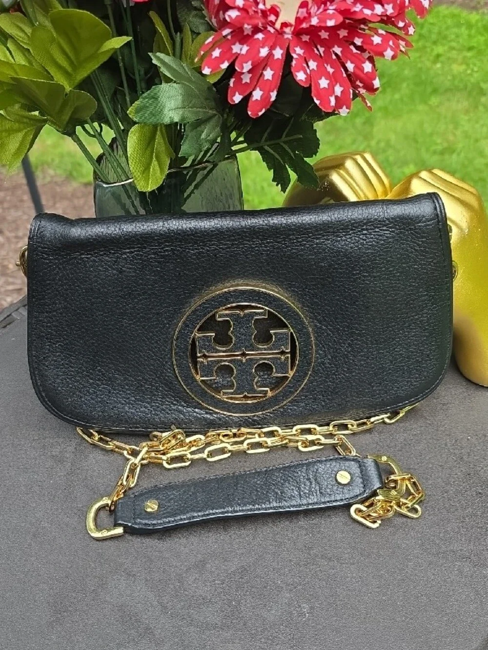 Tory Burch Black Pebbled Leather Crossbody with Gold Logo and Chain Strap